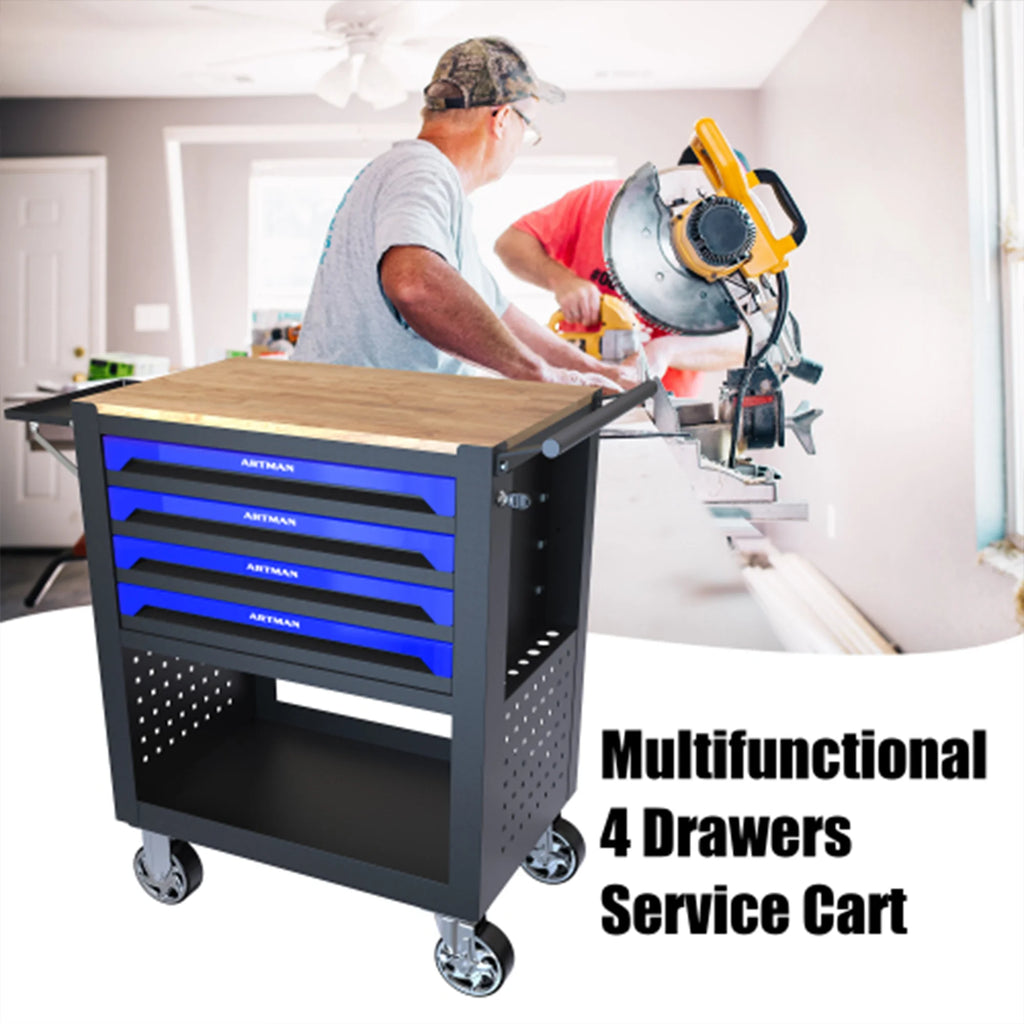 ARTMAN 4-Drawer Tool Cart with Wheels and Drawers ,Wood Top Tool Box Cart for Workshop Warehouse Garage