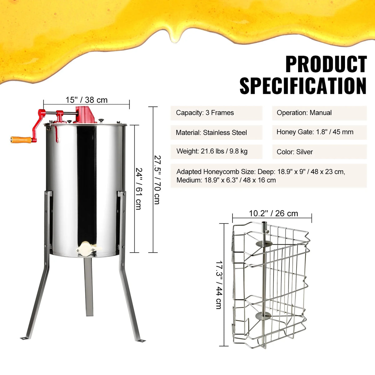 BENTISM Manual Honey Extractor, 2/4 Frames Beekeeping Equipment Stainless Steel with Height Adjustable Stand and Transparent Lid, Silver