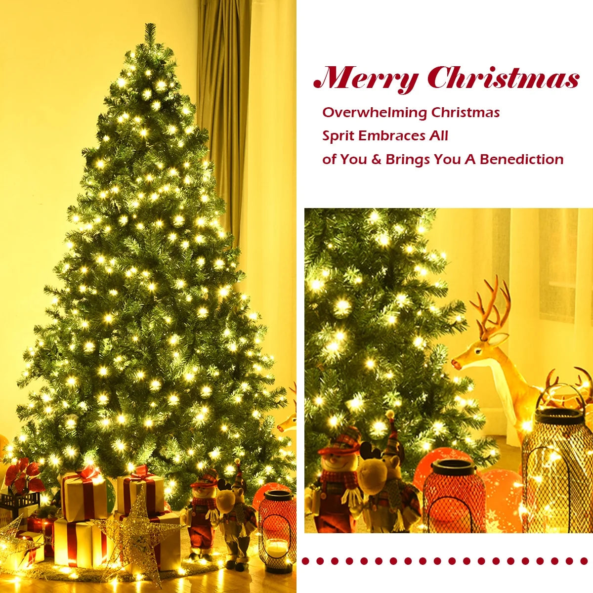 Costway 7Ft Pre-Lit PVC Hinged Christmas Tree 300 LED Lights Green