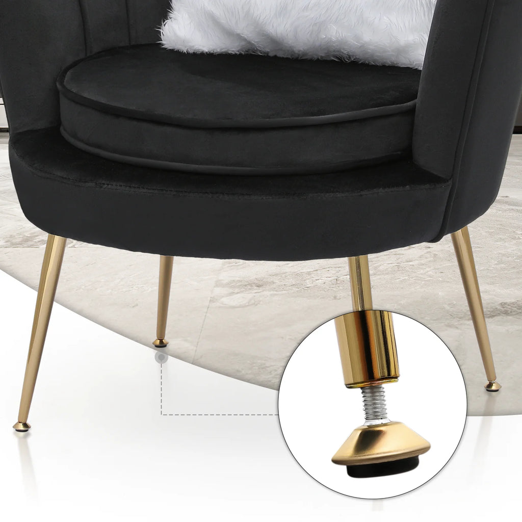 MoNiBloom Set of 2 Velvet Tufted Accent Chair with Pillow and Stool, Upholstered Modern Single Sofa Side Chair with Padded Seat and Golden Metal Legs, Living Room Armchair, Black