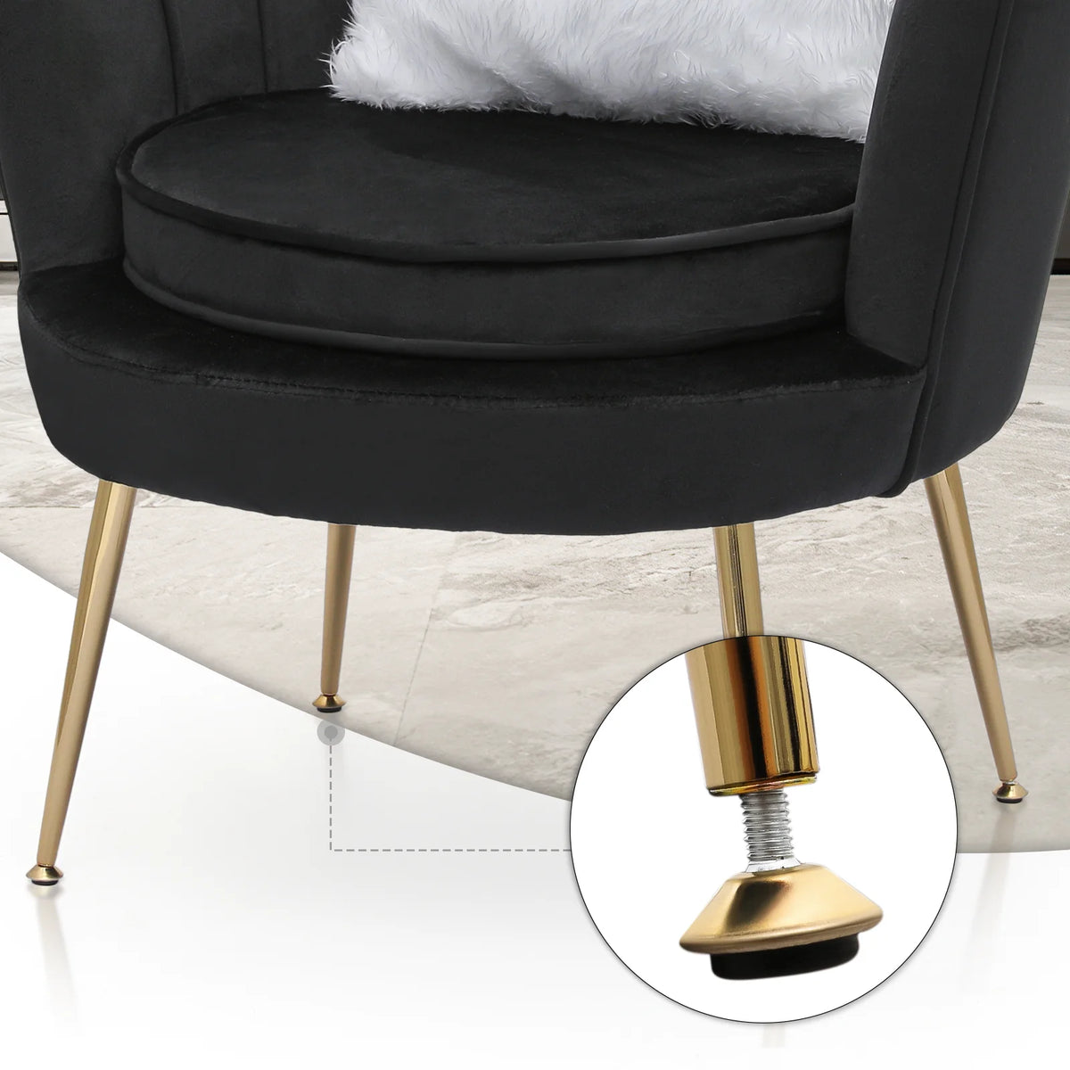 MoNiBloom Set of 2 Velvet Tufted Accent Chair with Pillow and Stool, Upholstered Modern Single Sofa Side Chair with Padded Seat and Golden Metal Legs, Living Room Armchair, Black
