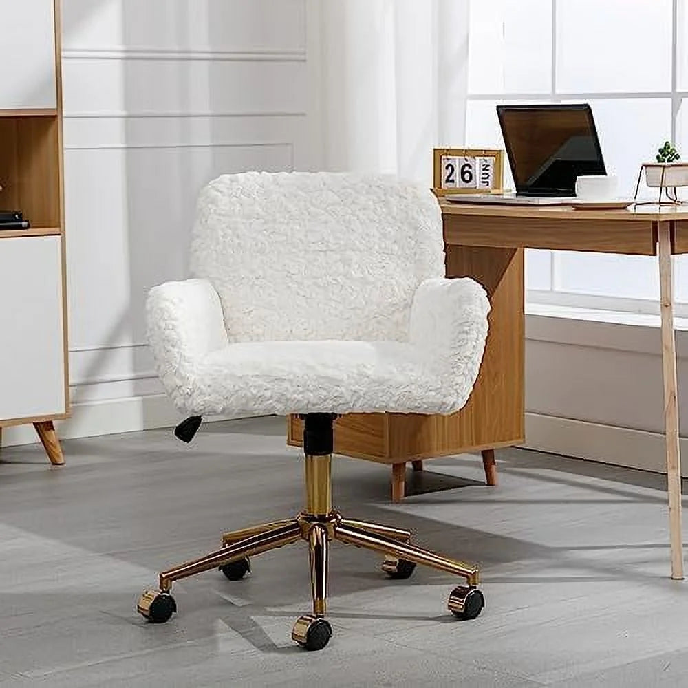 Fluffy Desk Chair,Height Adjustable Vanity Chair with Wheels,Comfortable Faux Fur Desk Chair with goldenn Base, Arm Chair for Bedroom,Living Room,Vanity,Office