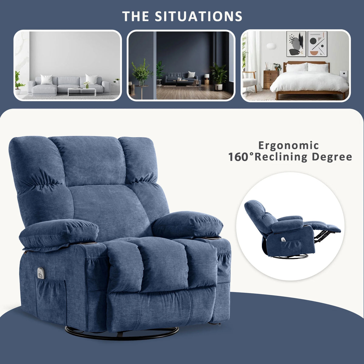 JONPONY Manual Recliner Chair with Heat Therapy and Massage Function, Heavy Duty Reclining Mechanism Massage Chair, Elderly Single Rocker Sofa with Cup Holders for Bedroom Home Theater,Grey