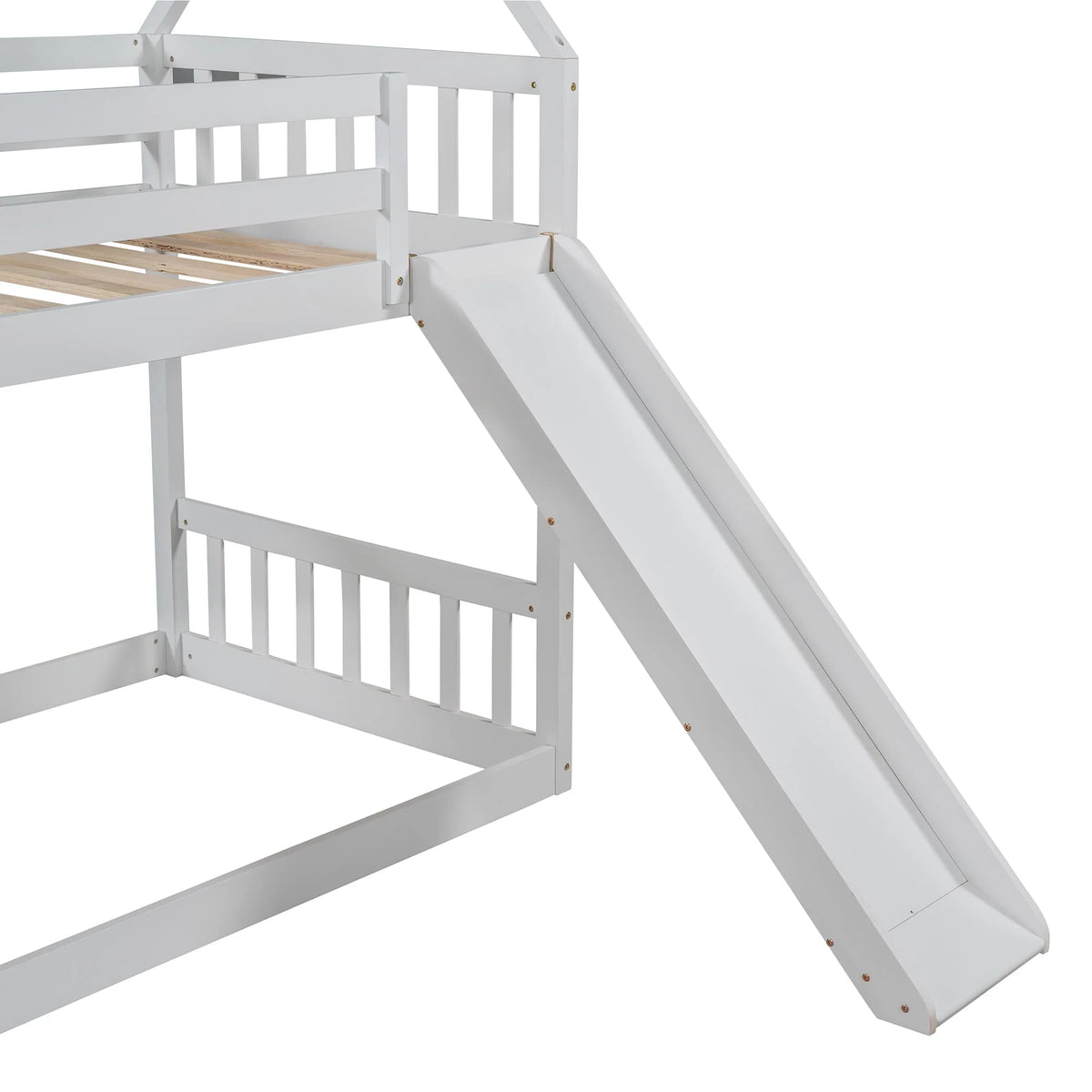 Low Bunk Bed with Slide and Stairs, Wood Twin Over Twin House Bunk Beds for Kids, Floor Bunk Bed with Stairway Easy Assembly (White)
