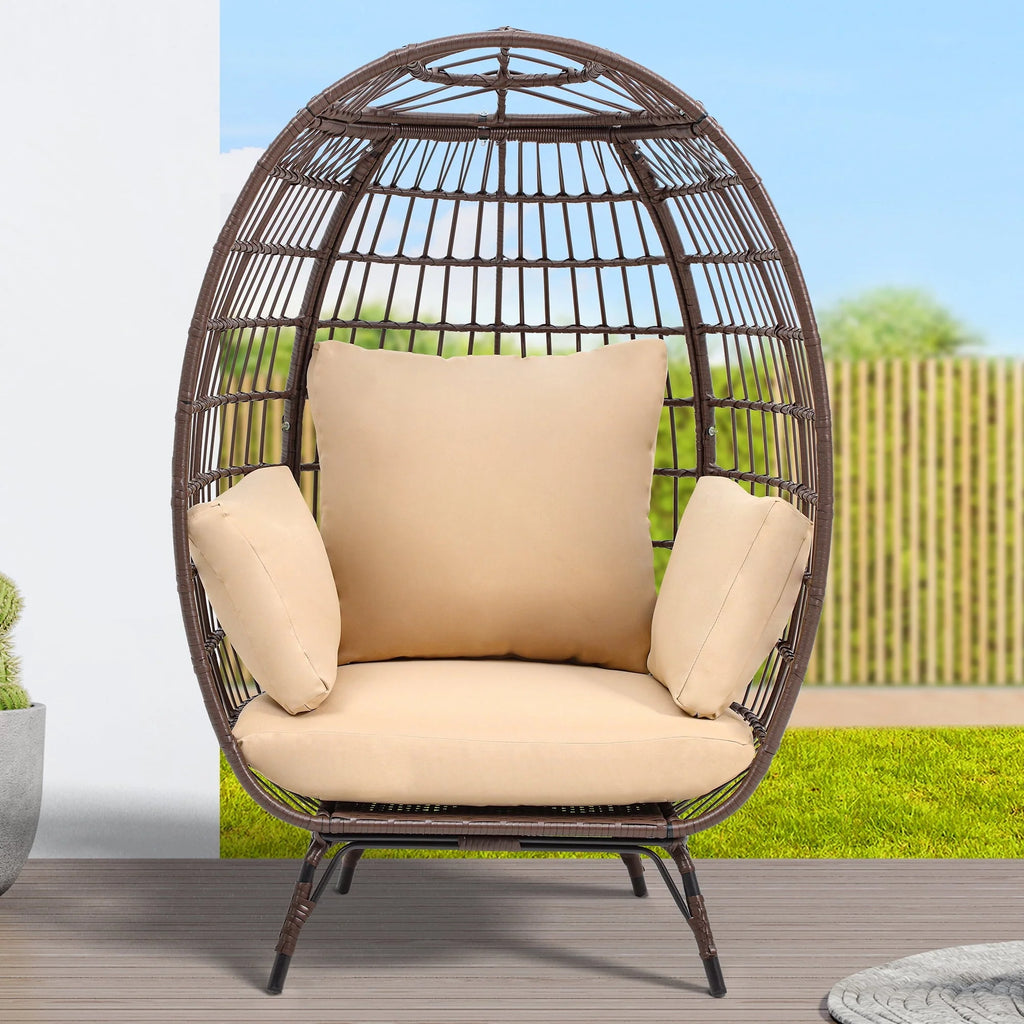 Dextrus Egg Chair Outdoor Egg Lounge Chair with Cushion Wicker Chair PE Rattan Chair for Patio, Garden, Backyard, Porch-Beige