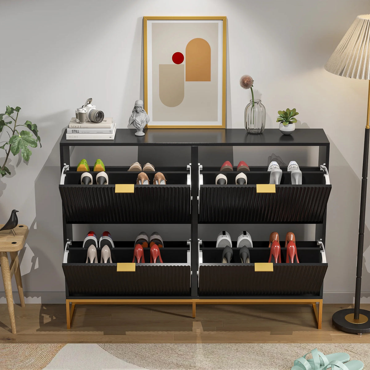 Oubayajia Modern Shoe Storage Cabinet, Wood Shoe Rack Organizer with 2 Flip Drawers, Freestanding Narrow Shoe Cabinet for Entryway Hallway, Natural