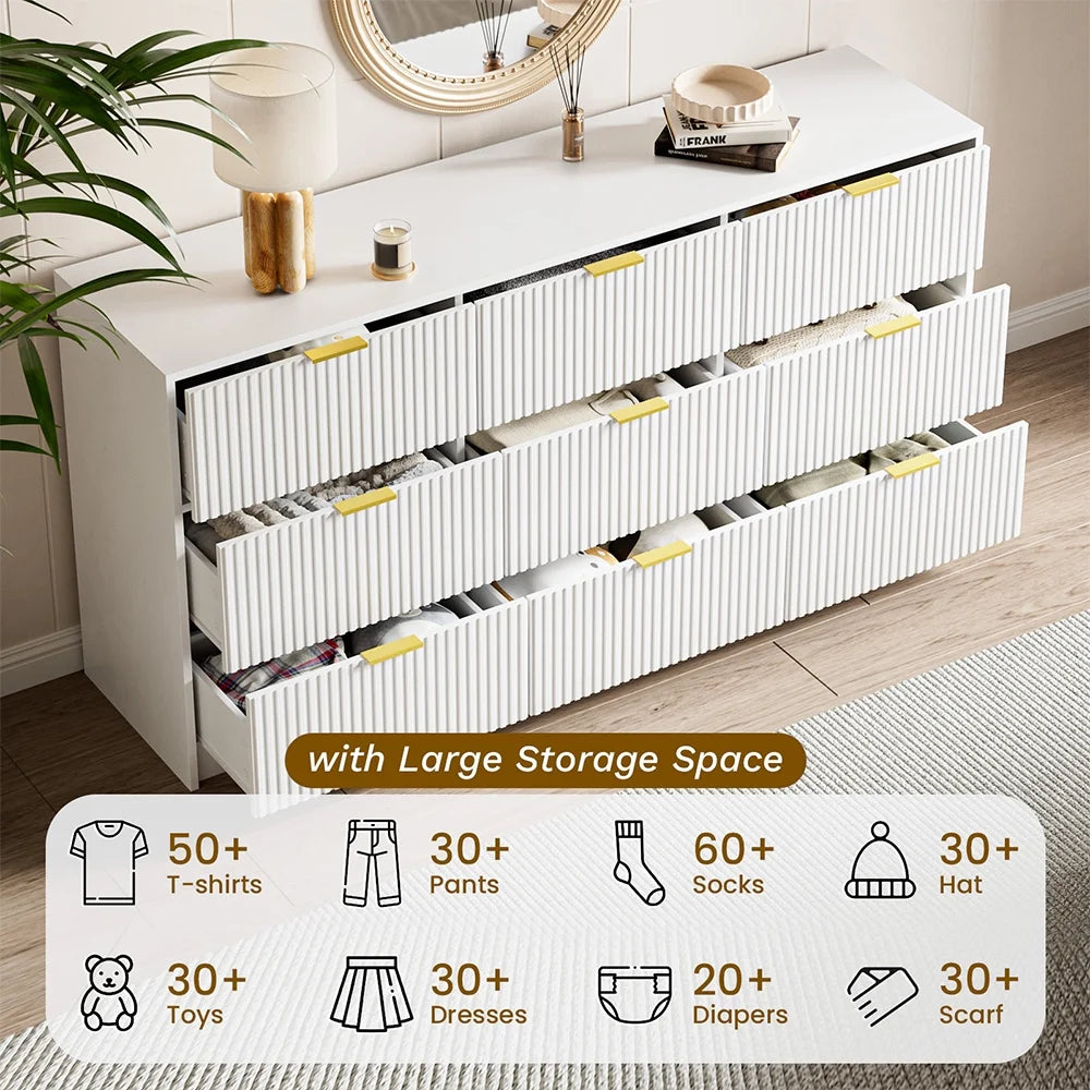 Furniway Fluted Large 9-Drawer Black Dresser
