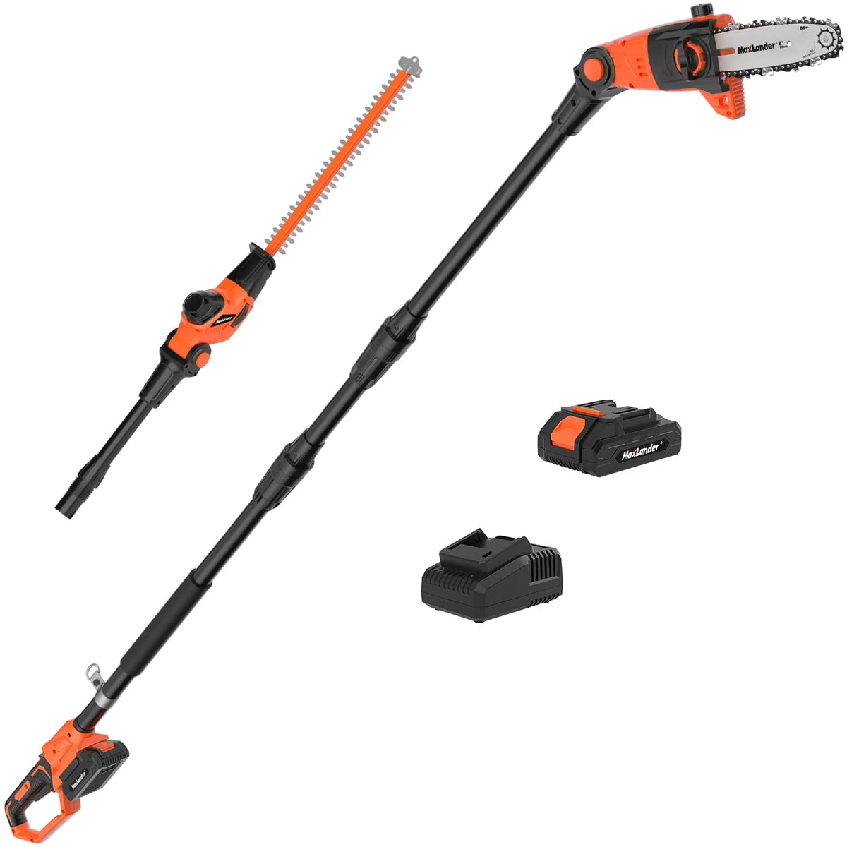 Maxlander Pole Saw 8-Inch Cordless Pole Saws for Tree Trimming and 18-Inch Pole Hedge Trimmer 2-in-1, 15-Feet MAX Reach, 16ft/s Speed, Auto Oiling Pole Chainsaw with 20V 2.0Ah Battery & Charger