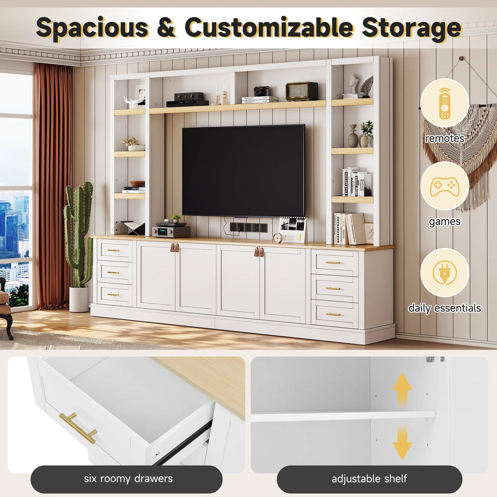 Euroco 102.3"W Farmhouse 4-Piece Entertainment Center Wall Unit with Adjustable Shelf, Modern Large TV Stand with Bookshelves