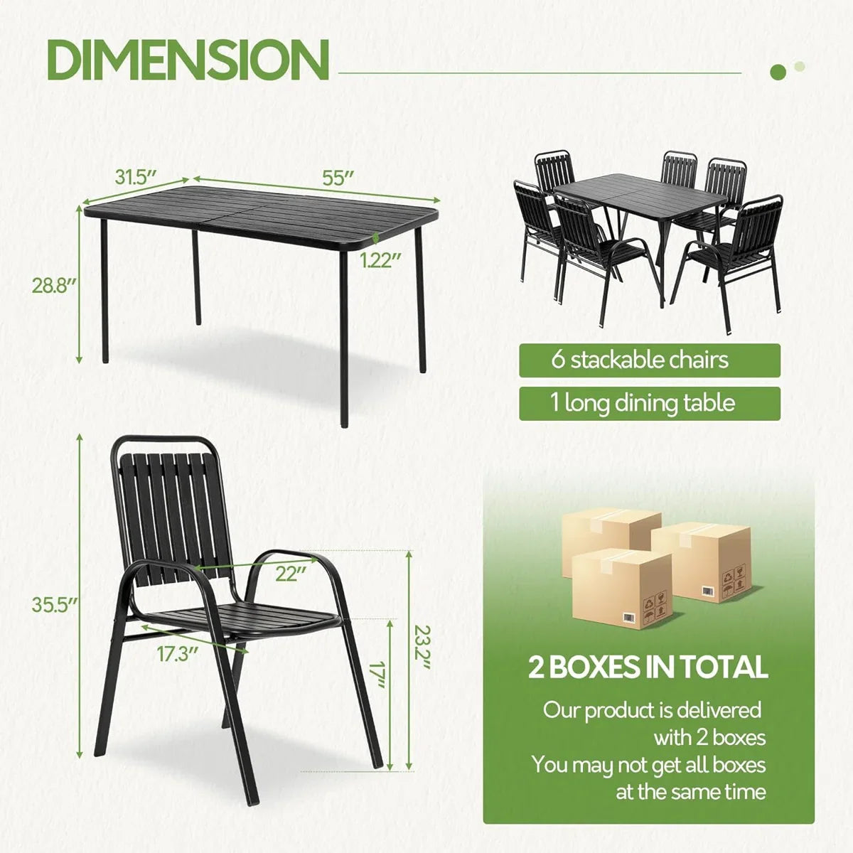 Seizeen Outdoor Dining Set for 6, Plastic Wood Patio Furniture Set with Steel Frame, Space-saving Dining Table and Chairs Stockable Design, All-weather Porch Garden Yard Conversation Furniture, Black
