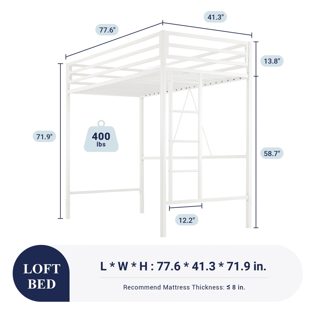 Sifurni Black Heavy Duty Twin Size Metal Loft Bed with Full-Length Guardrail & Removable Stairs
