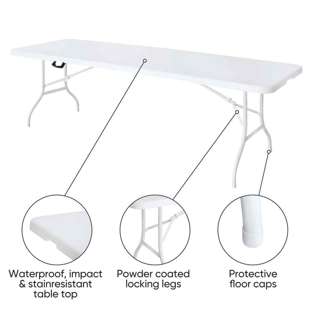 8 Foot Folding Table,Outdoor Folding Table,Bi-Fold,Outdoor Table for Picnic Party Dining Camp,White