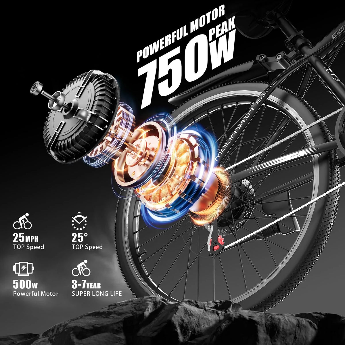 26" Electric Bike for Adults with Peak 750W Brushless Motor, 35Miles 22MPH Commuting Electric Mountain Bike with 36V 10AH Removable Battery, 7-Speed, Front Fork Suspension
