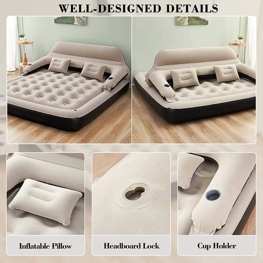 Queen Size Air Mattress Sofa Bed with Headboard and Pillow, Inflatable Bed for Outdoor Overnight