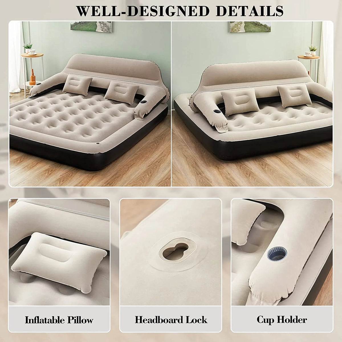 Queen Size Air Mattress Sofa Bed with Headboard and Pillow, Inflatable Bed for Outdoor Overnight