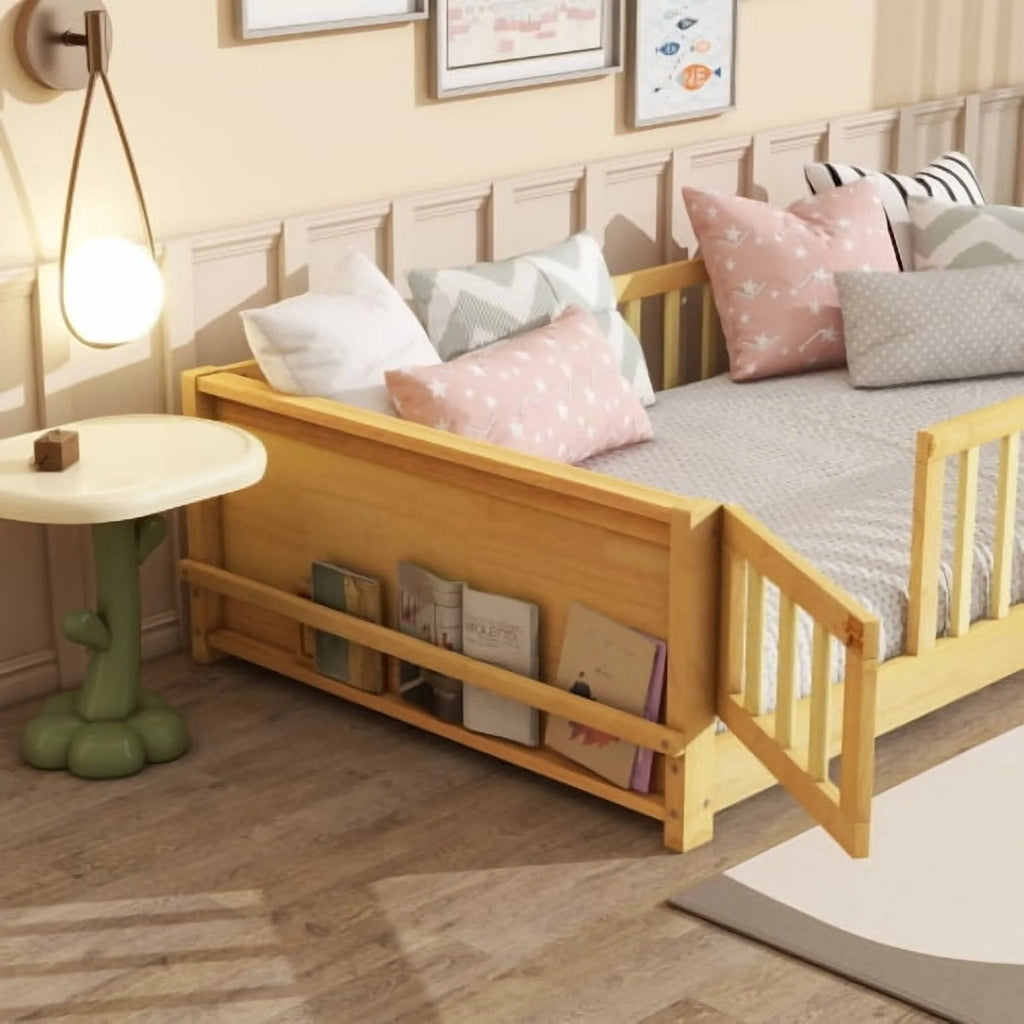Bellemave Twin Size Floor Bed with Fence, Montessori Floor Twin Bed with Built-in Book Rack, Solid Wood Twin Bed with Slats and Safety Guardrails, Natural