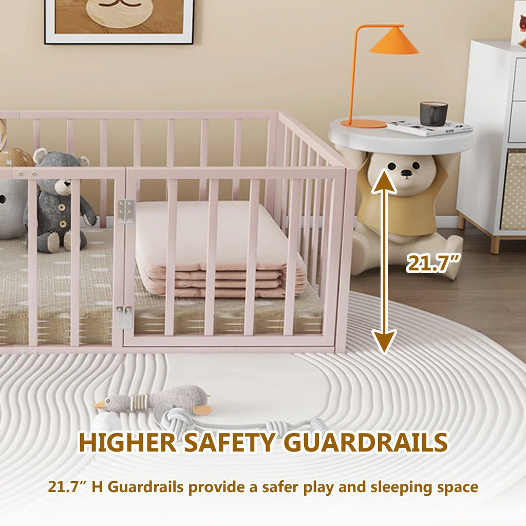 Bellemave Full Size Bed Frame, Full Montessori Bed with Safety Guardrails and Detachable Fence, Wood Full Daybed Frame, Low Profile & Rounded Corners Design, Natural