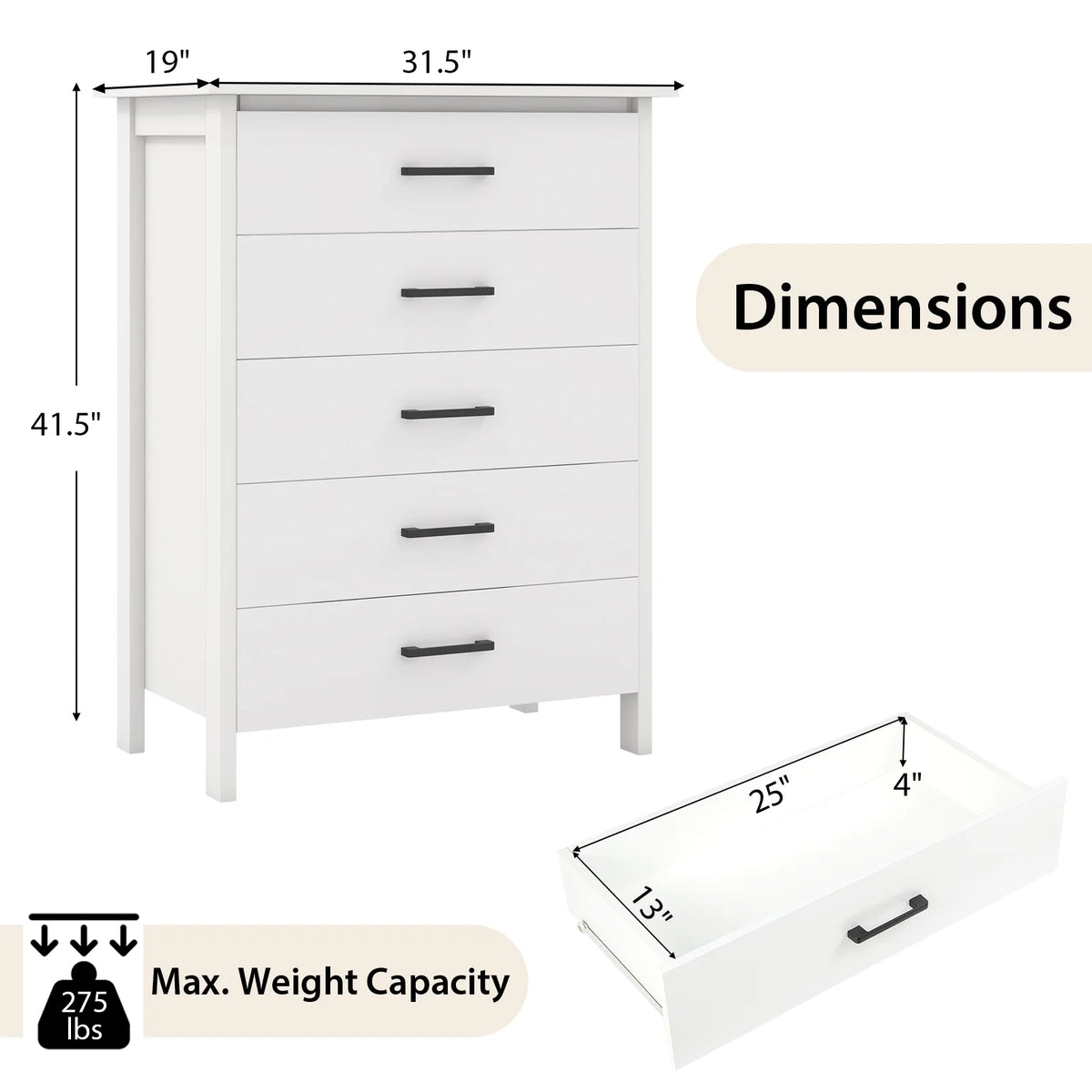 Costway Modern 5 Drawer Chest Storage Dresser Cabinet with Metal Handles Gray Oak