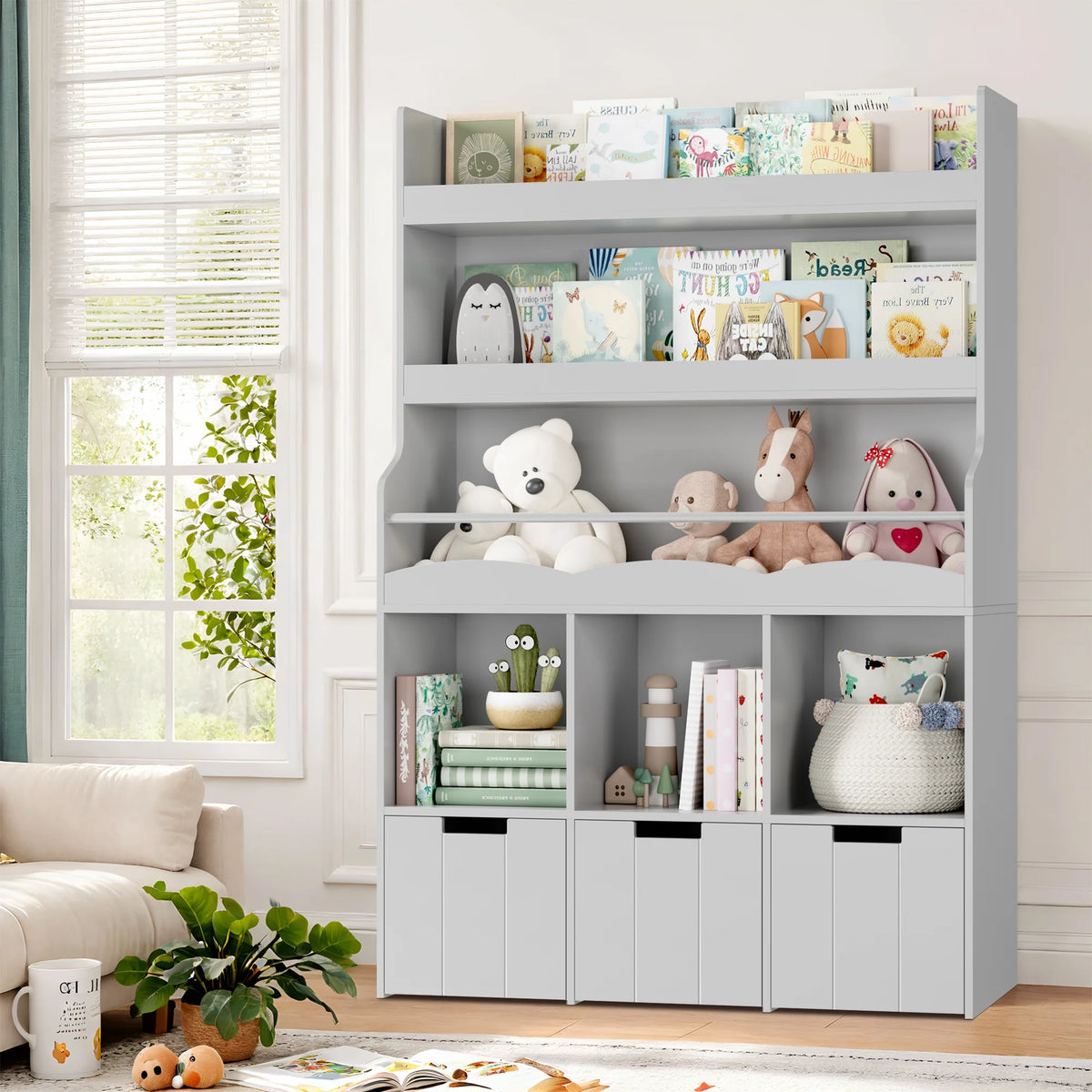 Homfa 55.5 H Kids Bookshelf with 2-Tier Book Shelves, Children Toy Organizer with 3 Cubes and Removable Drawers, White