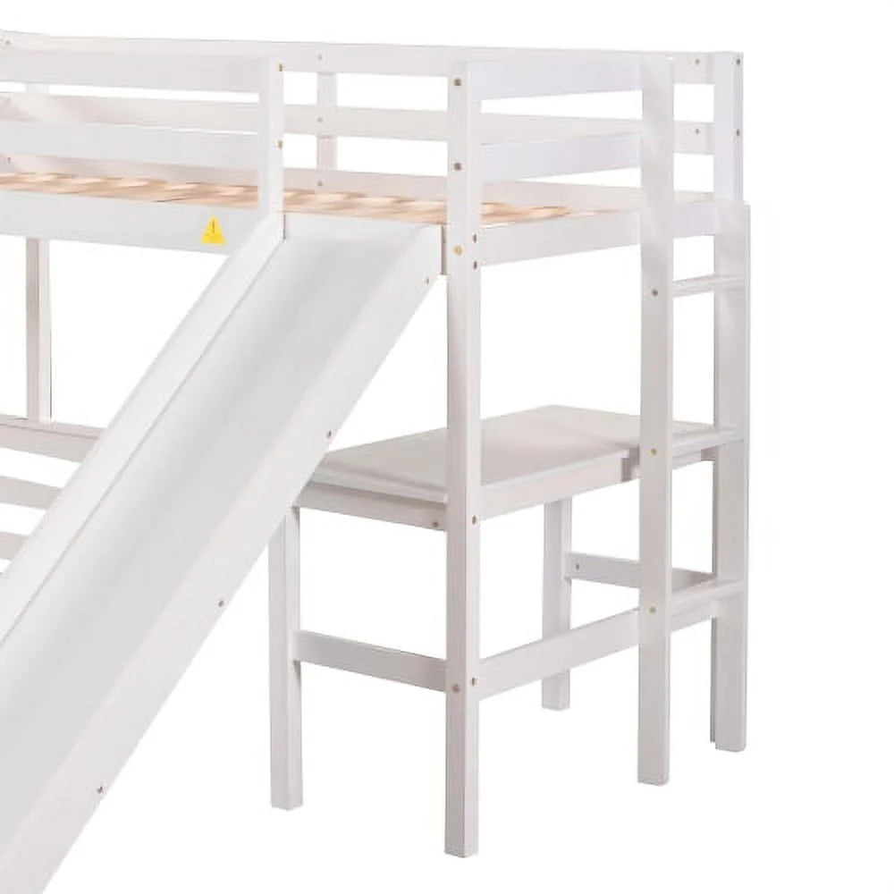 L Shaped Triple Bunk Bed for 5, Twin Over Full Bunk Bed and Twin Size Loft Bed with Built-in Desk, and Slide,Full-Length Guardrail, White