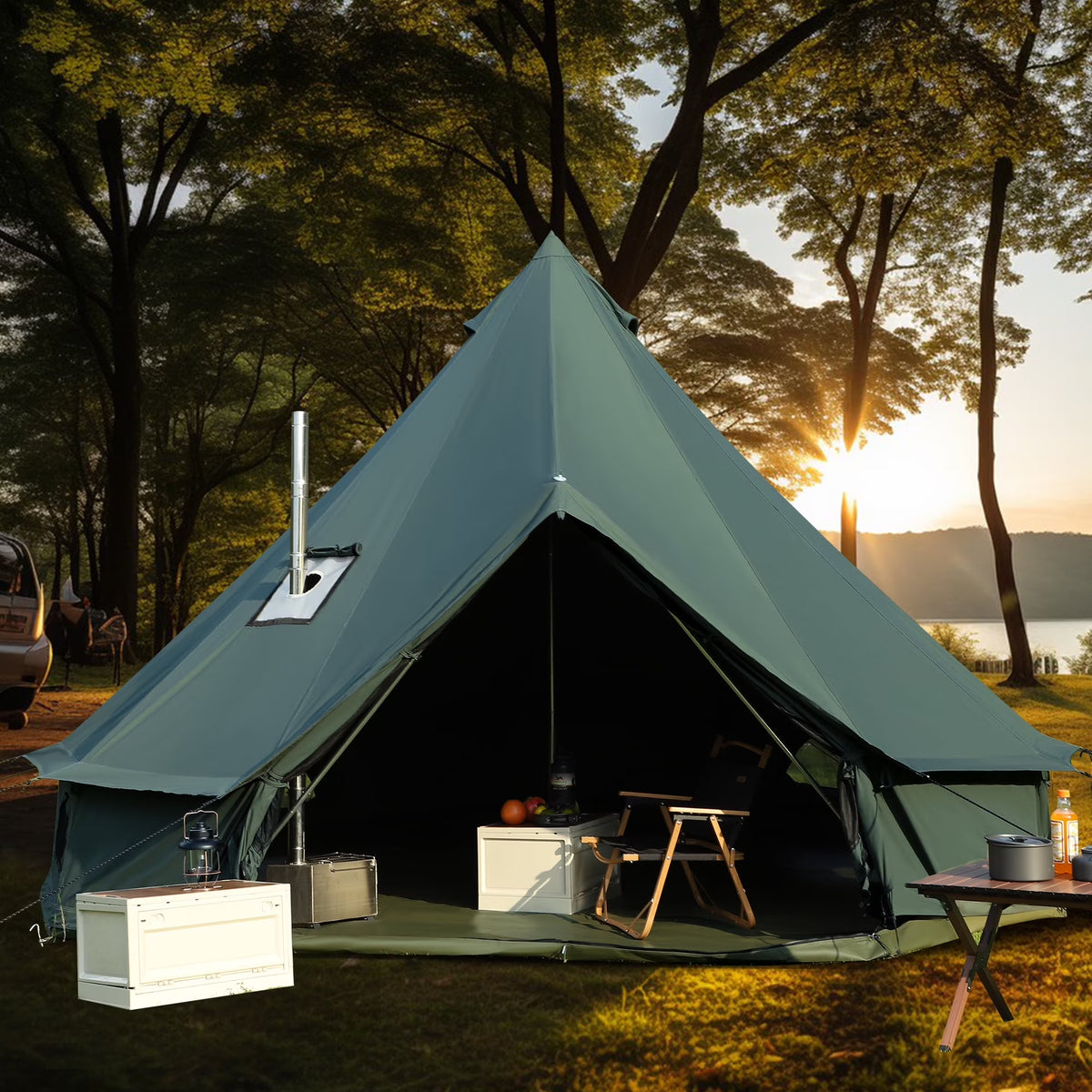 LVUYOYO Bell Tent for Camping, Cotton Canvas Bell Tent with Stove Jack, Outdoor Canvas Bell Tent for Family Glamping Camping, 4 Season Tent with Zipped Removable Floor,5M,Green