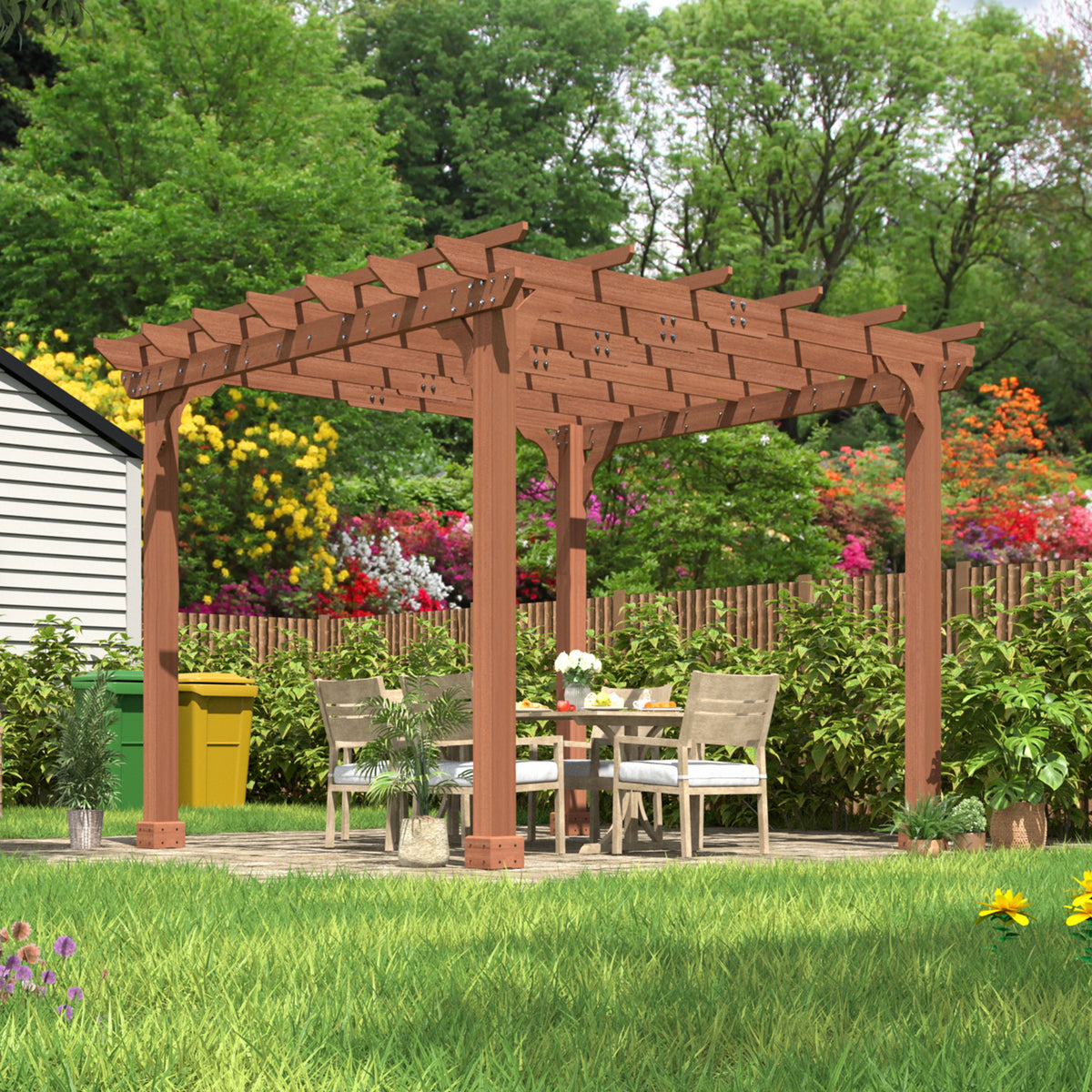 VEIKOUS 12'x10' Cedar Wood Pergola w/ Flat Roof and Ground Stakes for Outdoor Patio, Garden, Deck
