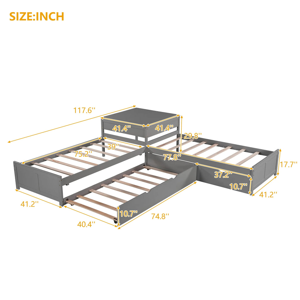 Euroco Wood Twin Size L-Shaped Platform Bed with Square Storage Table for Kids Teens, 2 Platform Beds with Trundle and Drawers for Living Room, 3 Twin Beds, Gray