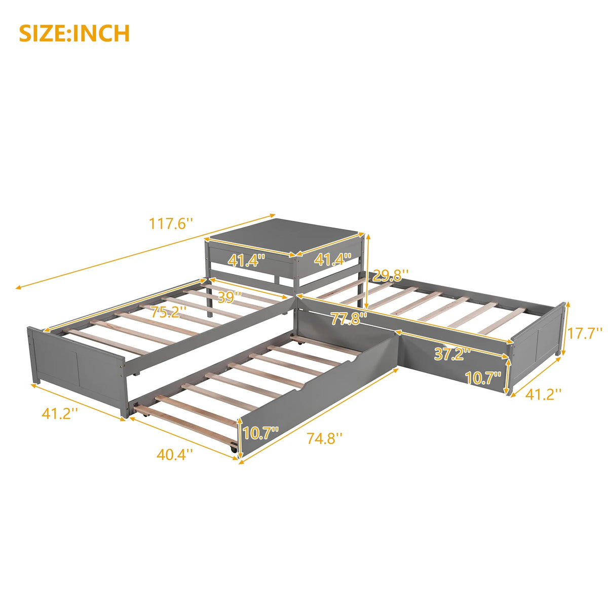 Euroco Wood Twin Size L-Shaped Platform Bed with Square Storage Table for Kids Teens, 2 Platform Beds with Trundle and Drawers for Living Room, 3 Twin Beds, Gray