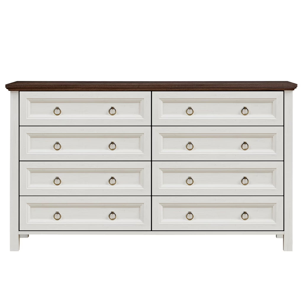 HIUU Farmhouse 8 Drawers Dresser,54 Inch Wide Rustic Wood Dressers & Chest of Drawers for Living Room, Bedroom, Hallway, Closet, Office, Antique White