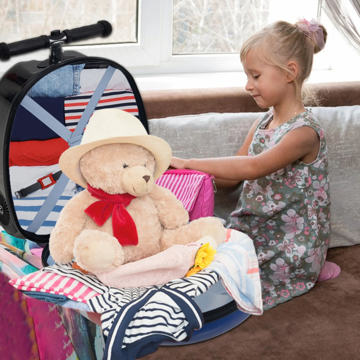 Kids Luggage Scooter, 3-Level Height Adjustable, Pirate Theme  Foldable Carry-On Suitcase, Lightweight Ride-On Scooter