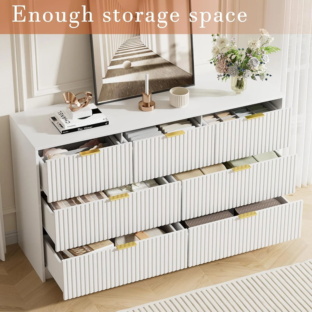 Furniway Black Dresser for Bedroom, 8 Drawer Double Dresser, Modern Chest of Drawers for Bedroom, Living Room, Entryway and Closet, 55" L x 15.7" D x 37.4" H