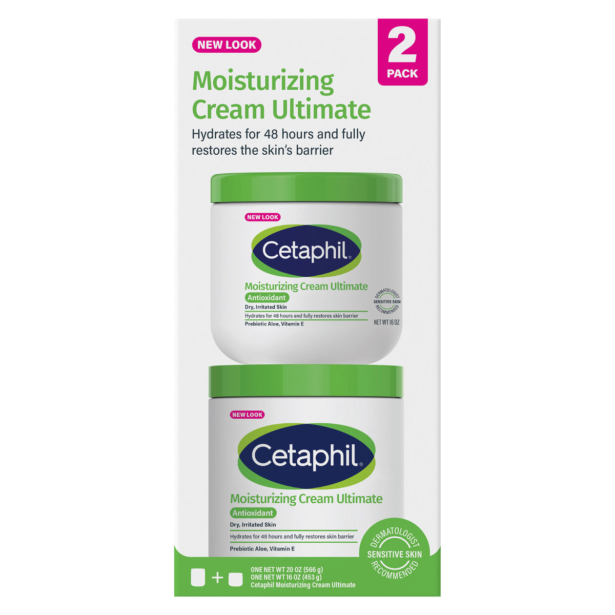 Cetaphil Moisturizing Cream Ultimate with Prebiotic Aloe, Very Dry to Dry Sensitive Skin, 20 oz + 16 oz, 2-pack