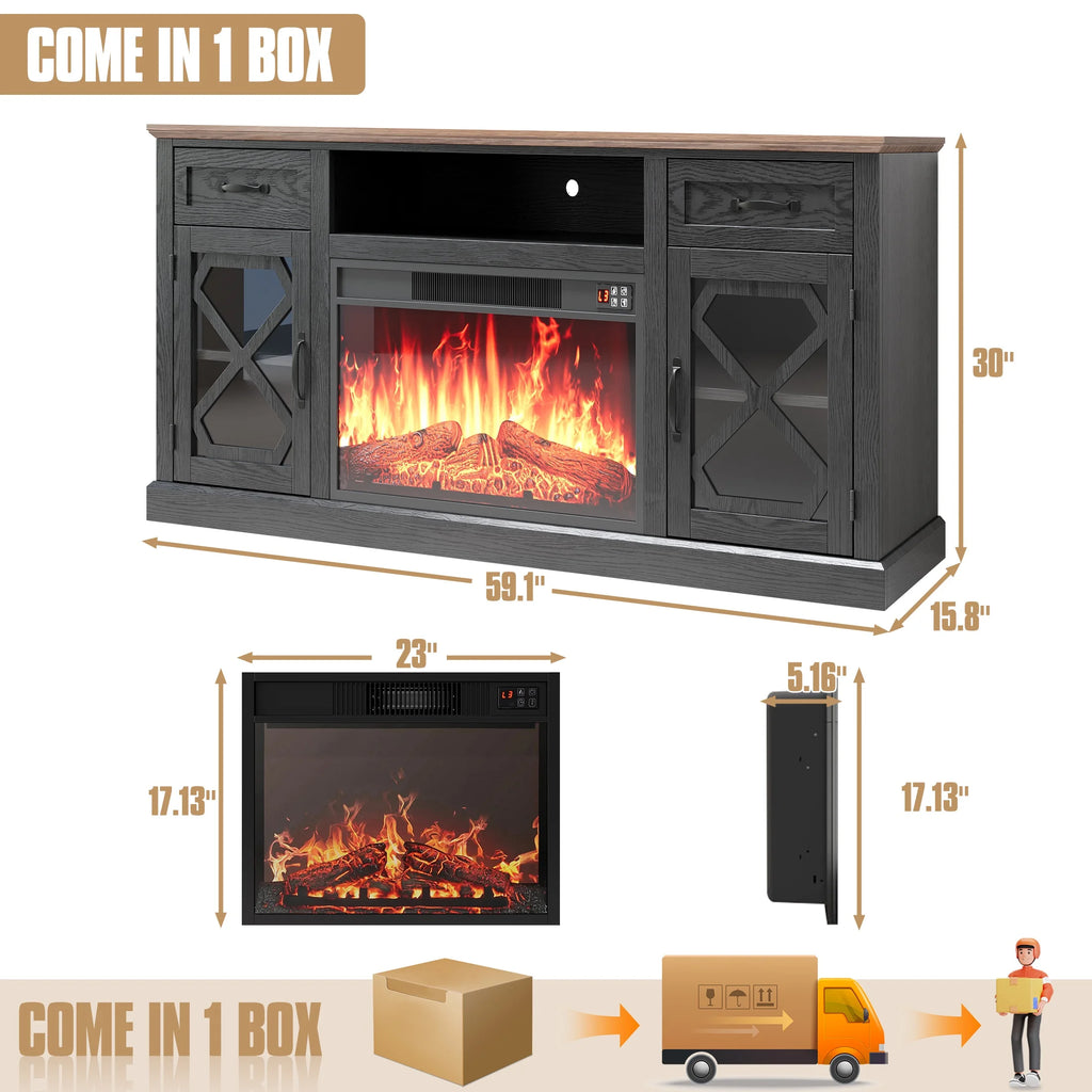 SESSLIFE Fireplace TV Stand for 65 Inch TV, TV Console with 23''Electric Fireplace, Console Entertainment Center Television Table for Living Room or Bedroom, Brown