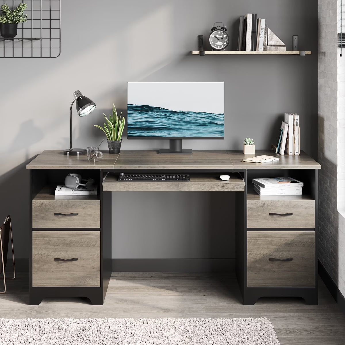 Bestier 59 Computer Desk with 4 Drawers, Office Executive Desk with File Drawer, Keyboard Tray for Home Office, Gray