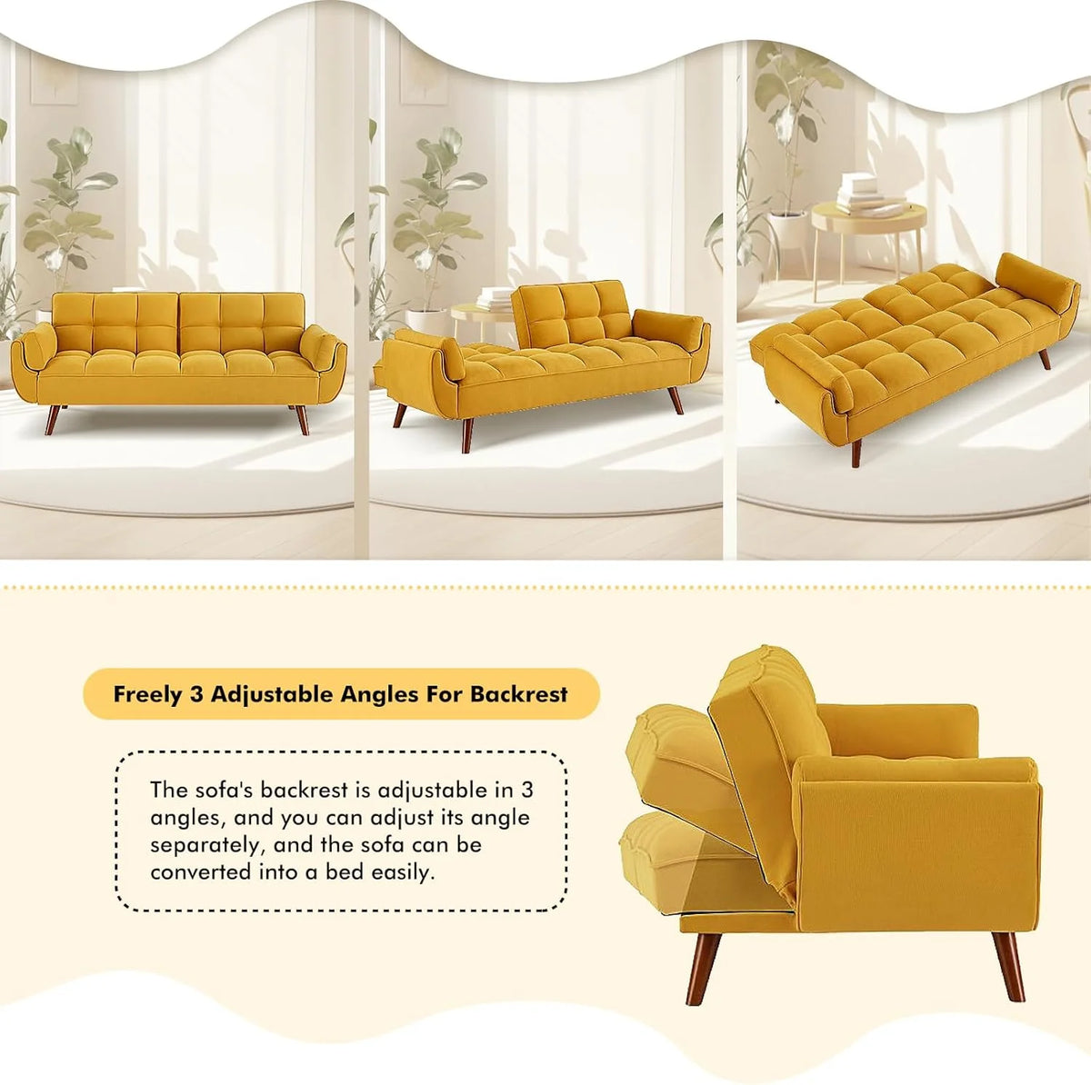 Mydepot Convertible Futon Sofa Bed, Adjustable Couch Sleeper Modern Fabric Recliner Reversible Loveseat Folding Daybed Guest Bed, Armrests, Yellow