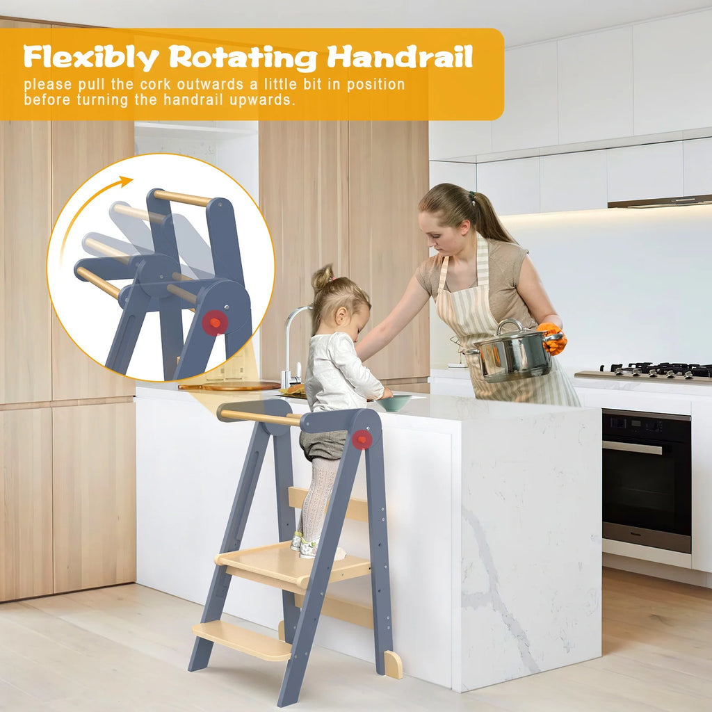 JOZ Kitchen Toddlers Step Stool, Montessori Kids Learning Stool, Foldable Toddler Tower for Counter, Standing Helper for Children, 3 Adjustable Heights, Wooden, White