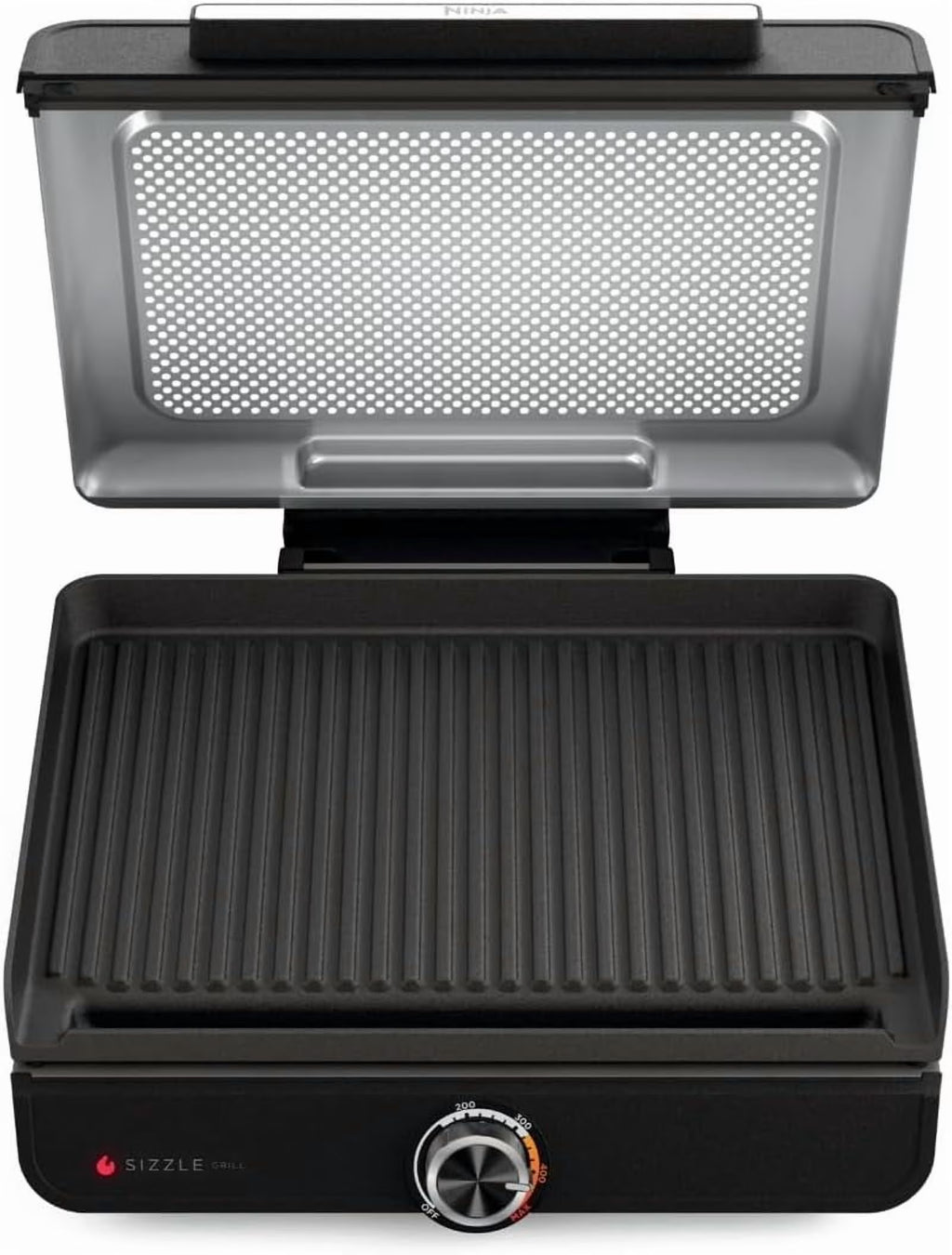 Ninja Sizzle Indoor Grill, 500F High Heat Kitchen Grill with Nonstick 14 Inch Plate, Low-Smoke Technology, Edge-to-Edge Heating, Family-Sized Capacity, Countertop Cooking Tool (GR100)
