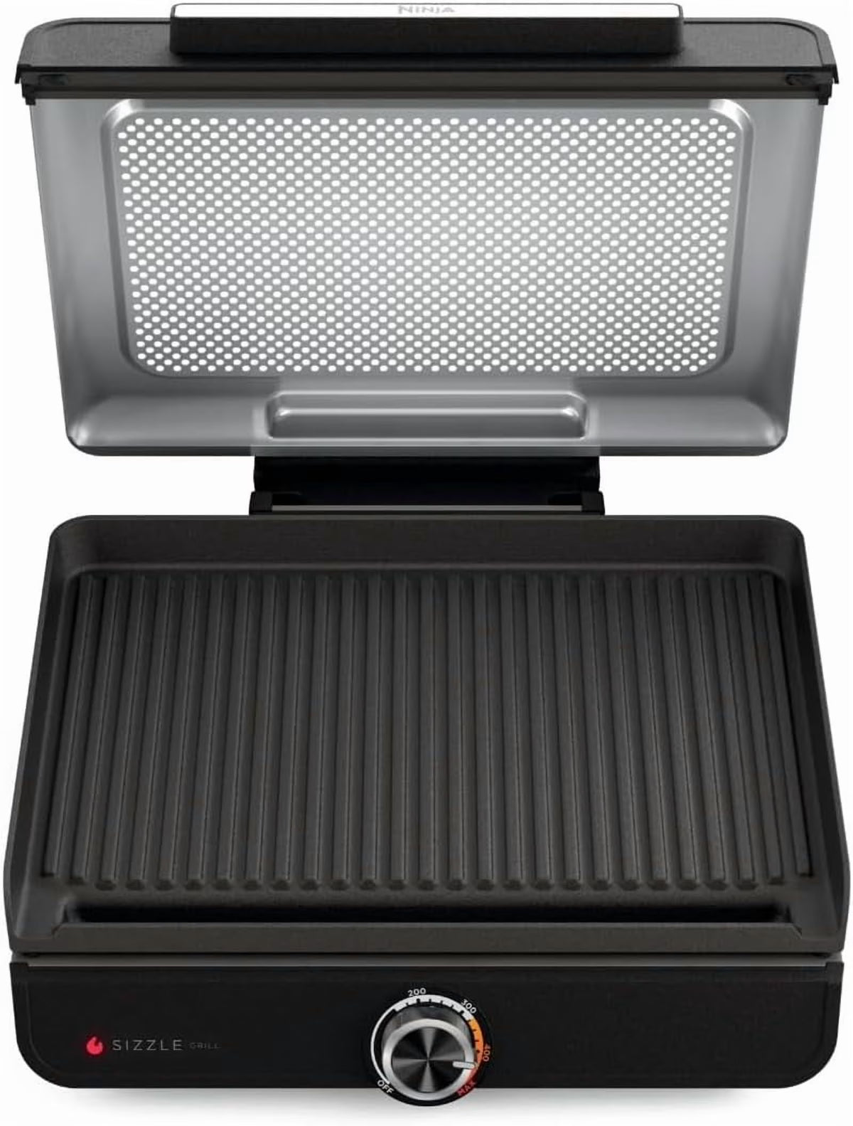 Ninja Sizzle Indoor Grill, 500F High Heat Kitchen Grill with Nonstick 14 Inch Plate, Low-Smoke Technology, Edge-to-Edge Heating, Family-Sized Capacity, Countertop Cooking Tool (GR100)