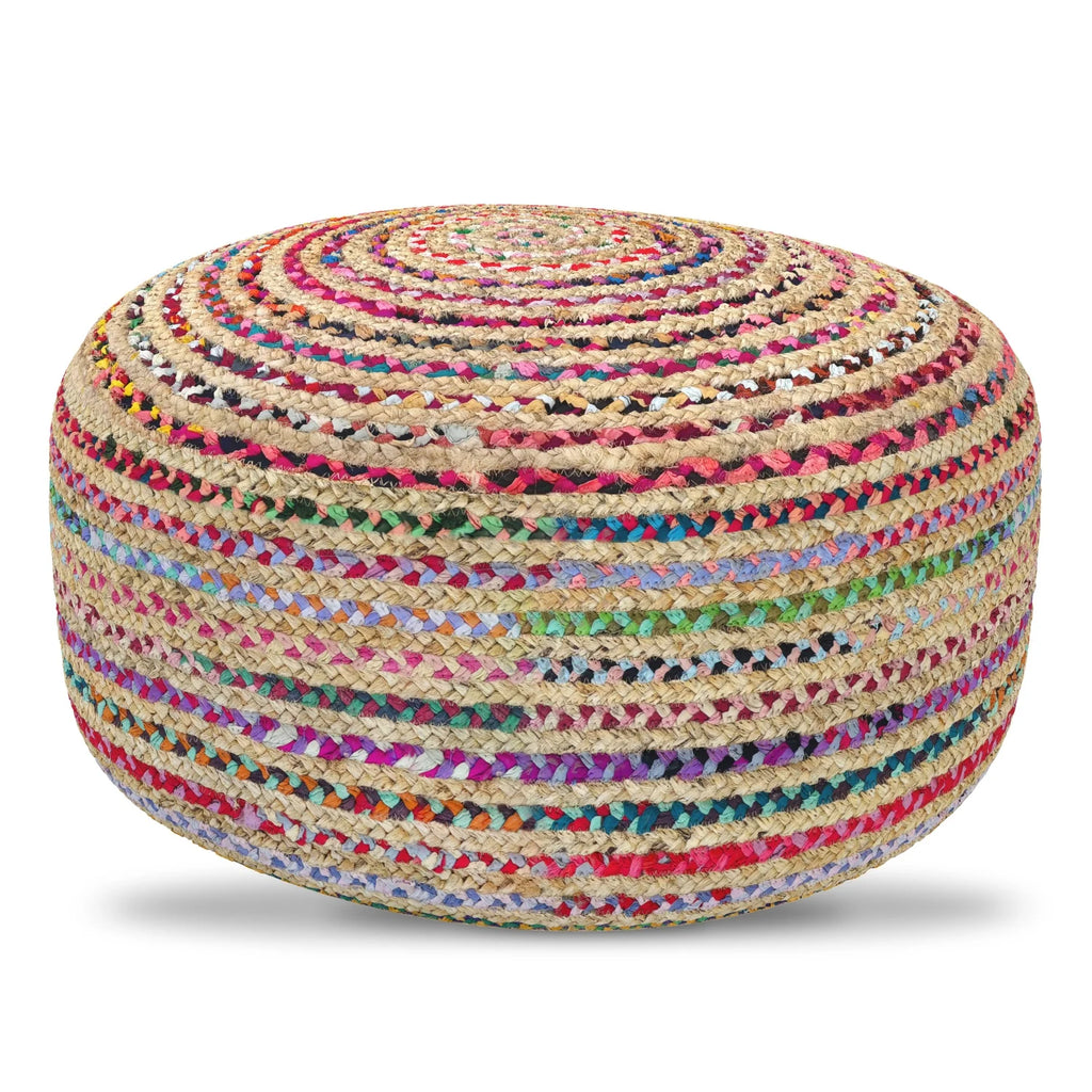 Splendid Multicolor Jute Round Pouf, 30x30x14 Inch, Woven Boho Contemporary Accent & Footstool