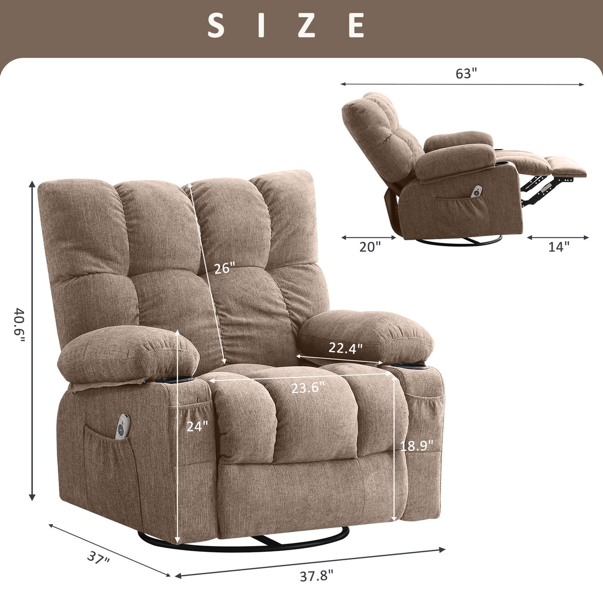 JONPONY Manual Recliner Chair with Heat Therapy and Massage Function, Heavy Duty Reclining Mechanism Massage Chair, Elderly Single Rocker Sofa with Cup Holders for Bedroom Home Theater,Grey