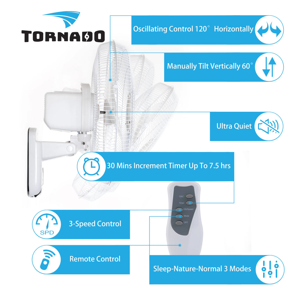 2 Pack - Tornado 16 Inch Wall Mount Fan - Remote Control Included - 3 Speed Settings - UL Safety Listed