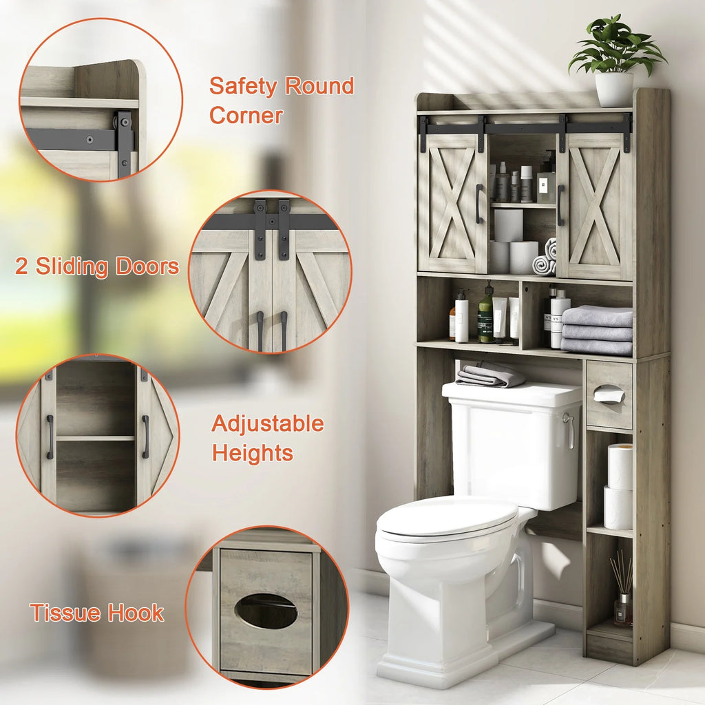 Over The Toilet Storage Cabinet, Farmhouse Storage Cabinet Over Toilet with Sliding Doors Home Space-Saving Toilet Rack, for Bathroom, Restroom, Laundry