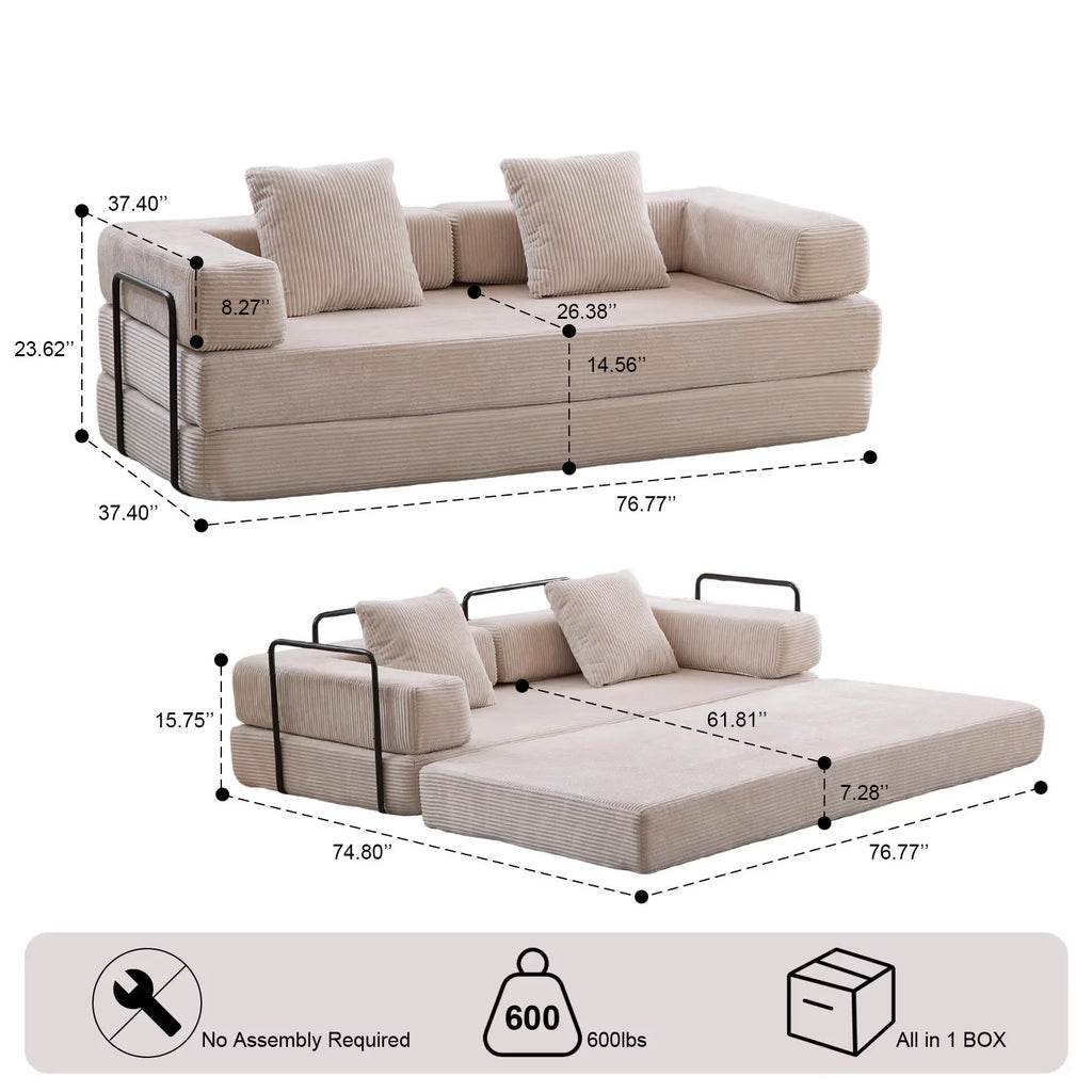 Taicans Convertible Floor Sofa Bed - 3 Seats Foldable Corduroy Futon Couch w/Pillow Support,Space-Saving Guest Bed for Living Room,Dorm,No Assembly Compressible Foam Mattress (Gray,76.7Inch L)