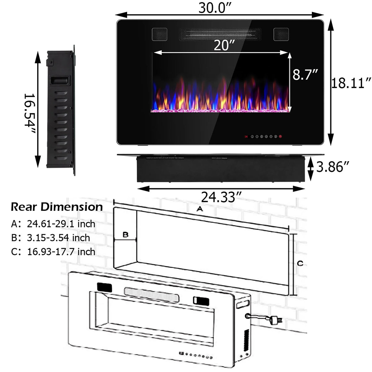 Costway 36'' Electric Fireplace Recessed Ultra Thin Wall-Mounted Heater w/Multicolor Flame