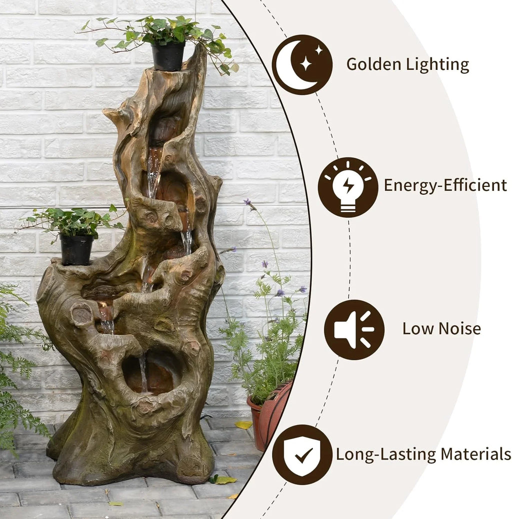 Water Fountain Outdoor 5-Tiers Large Cascading Realistic Tree Trunk Natural Waterfall Outdoor Fountain Resin Imitation Wood with LED Lights for Garden, Patio, Porch