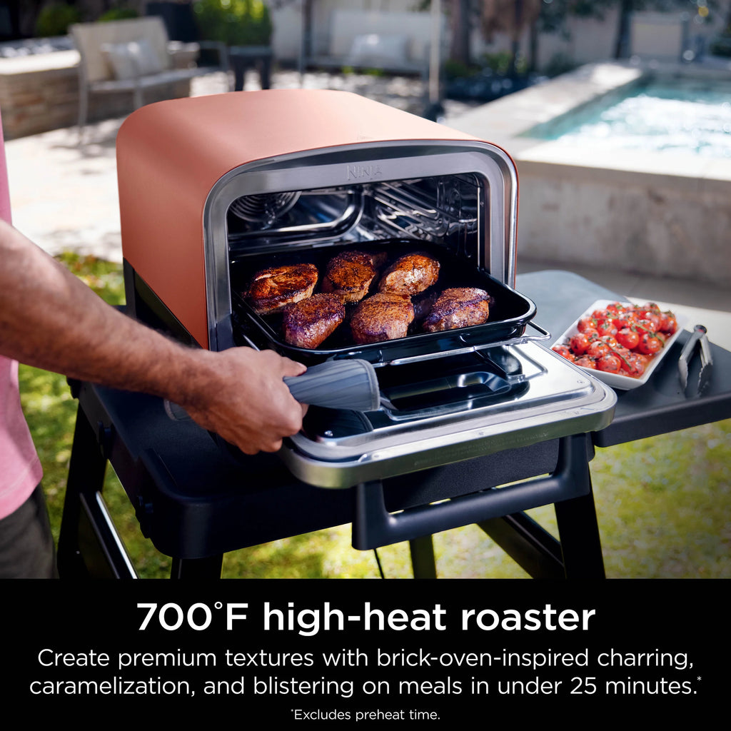 Ninja Woodfire? Pizza Oven, 5-in-1 outdoor oven, 5 Pizza Settings, Ninja Woodfire? Technology, up to 700F heat, BBQ smoker, Electric?