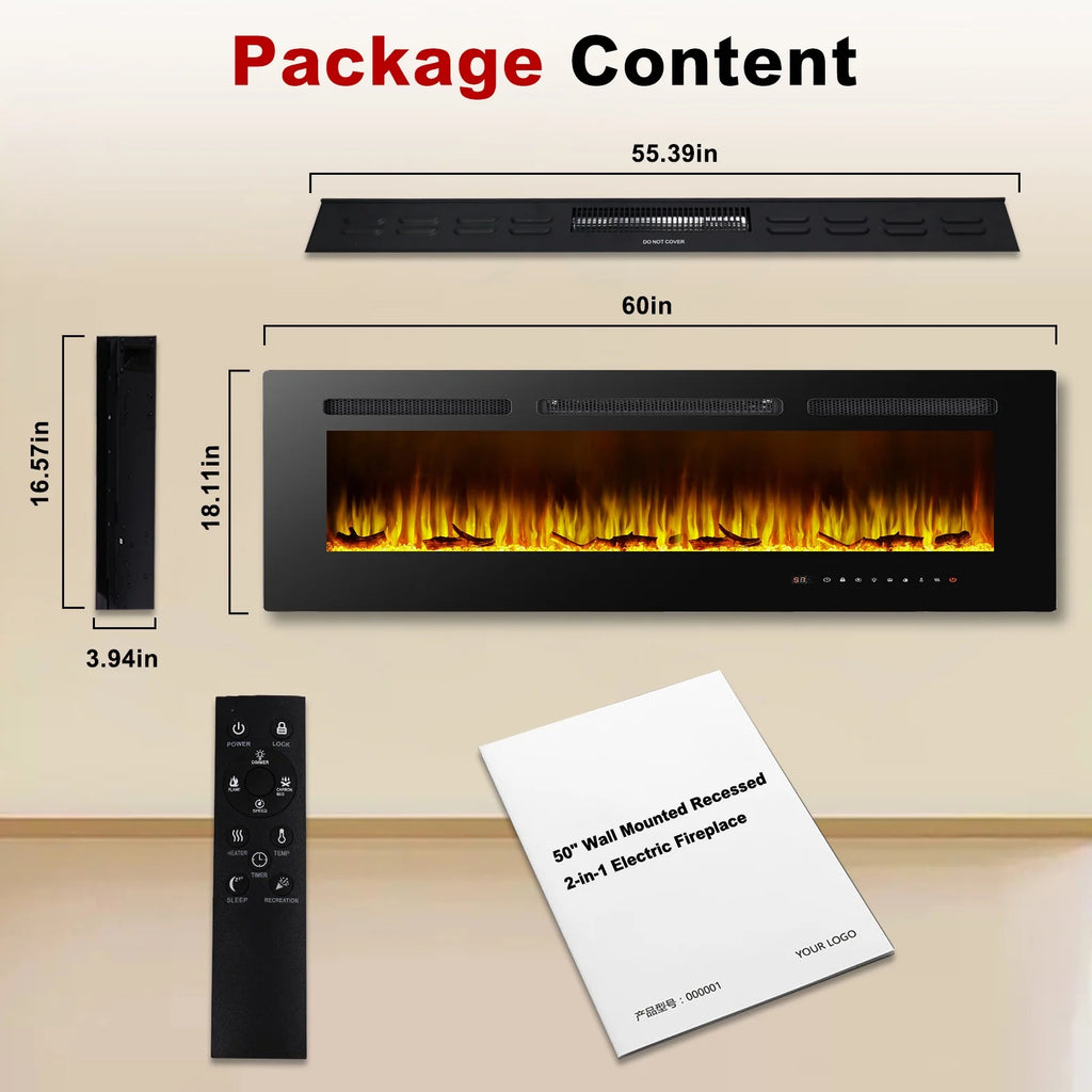 60" Electric Fireplace, Ultra-thin Recessed and Wall Mounted Fireplace, Linear Fireplace with Timer Remote Control Adjustable Flame Color 750w/1500w Black