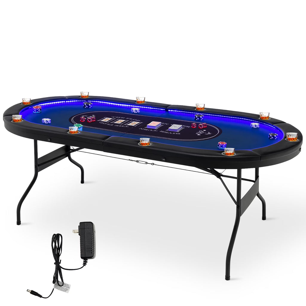 Costway Foldable, USB Ports, Led Lights 10 Player Poker Table, Blue/Black