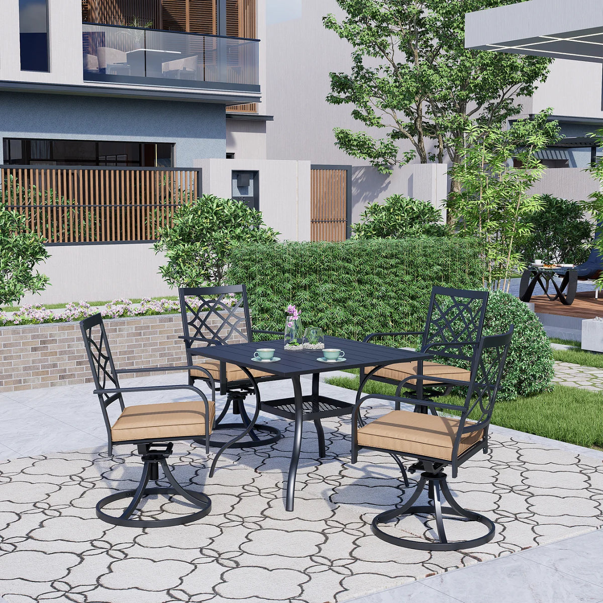 SUNCROWN 5-Piece Outdoor Wrought Iron Chairs and Table Patio Dining Furniture Set - 4 Stackable Metal Chairs, 1 Steel Slat Bistro Table and 1 Sky Blue 9Ft Patio Umbrella for Garden Backyard Deck