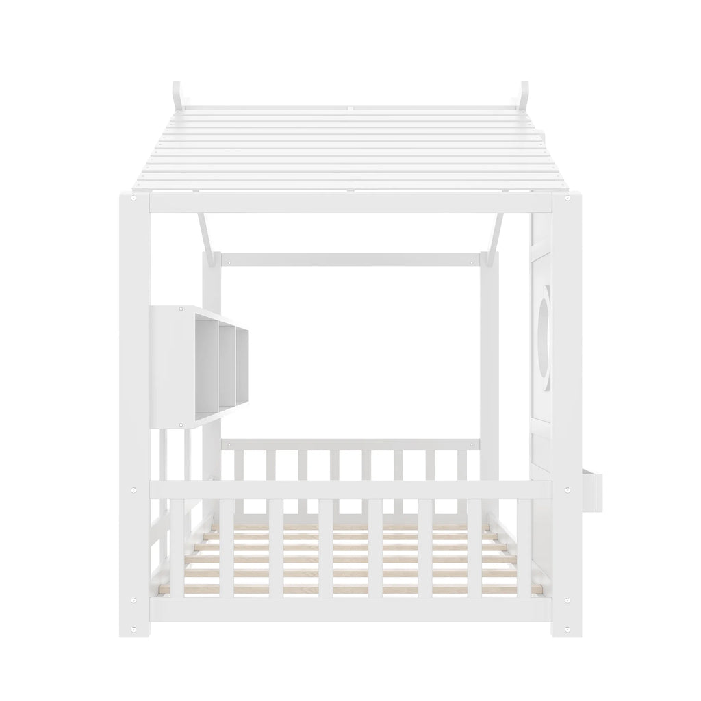 Miniyam Twin Size Montessori Floor House Bed with Roof Design and Storage Shelf for Kids, White